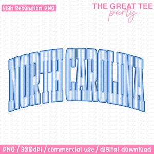 May include: A digital graphic featuring the text "NORTH CAROLINA" in a light blue, arched design with a striped pattern. The words "THE GREAT TEE party" are in pink above the main text. The graphic is labeled "High Resolution PNG" and "PNG / 300dpi / commercial use / digital download".