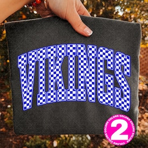 Op de afbeelding: Een antracietgrijs sweatshirt met het woord VIKINGS in een groot, gebogen lettertype in collegestijl. De letters zijn gevuld met een blauw-wit ruitpatroon en omlijnd met een dunne blauwe rand. Een roze cirkelvormige afbeelding met het cijfer 2.