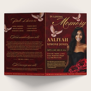 Plantilla de folleto de 8 páginas para programa funerario de rosas (8.5" x 11"), Canva, beige dorado, estilo revista, obituario femenino, celebración de la vida, 8 páginas