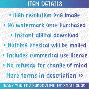 Puede incluir: Gr&aacute;fico turquesa con las palabras "DETALLES DEL ART&Iacute;CULO" en la parte superior. Debajo, vi&ntilde;etas enumeran caracter&iacute;sticas como una imagen PNG de alta resoluci&oacute;n, sin marca de agua, descarga digital instant&aacute;nea y licencia de uso comercial.