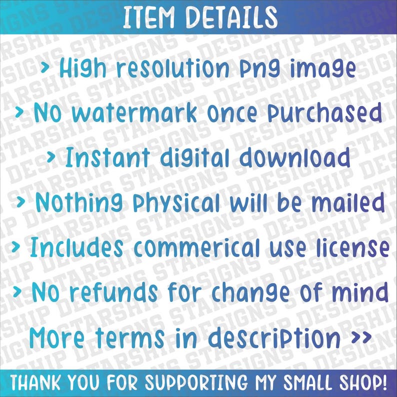 Puede incluir: Gr&aacute;fico turquesa con las palabras "DETALLES DEL ART&Iacute;CULO" en la parte superior. Debajo, vi&ntilde;etas enumeran caracter&iacute;sticas como una imagen PNG de alta resoluci&oacute;n, sin marca de agua, descarga digital instant&aacute;nea y licencia de uso comercial.