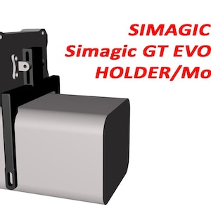 May include: A 3D rendering of a Simagic GT EVO Series HOLDER/Mount. The mount is primarily light gray with black accents. The text "SIMAGIC Simagic GT EVO Series HOLDER/Mount" is displayed in red.