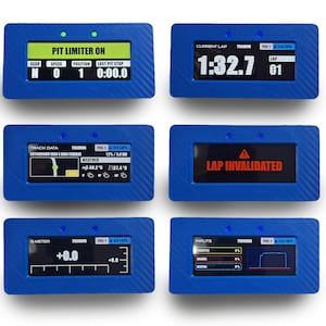May include: A set of six blue racing data displays. Each display shows different information, including lap times, gear, speed, and weather conditions. Some displays show "PIT LIMITER ON" and "LAP INVALIDATED".