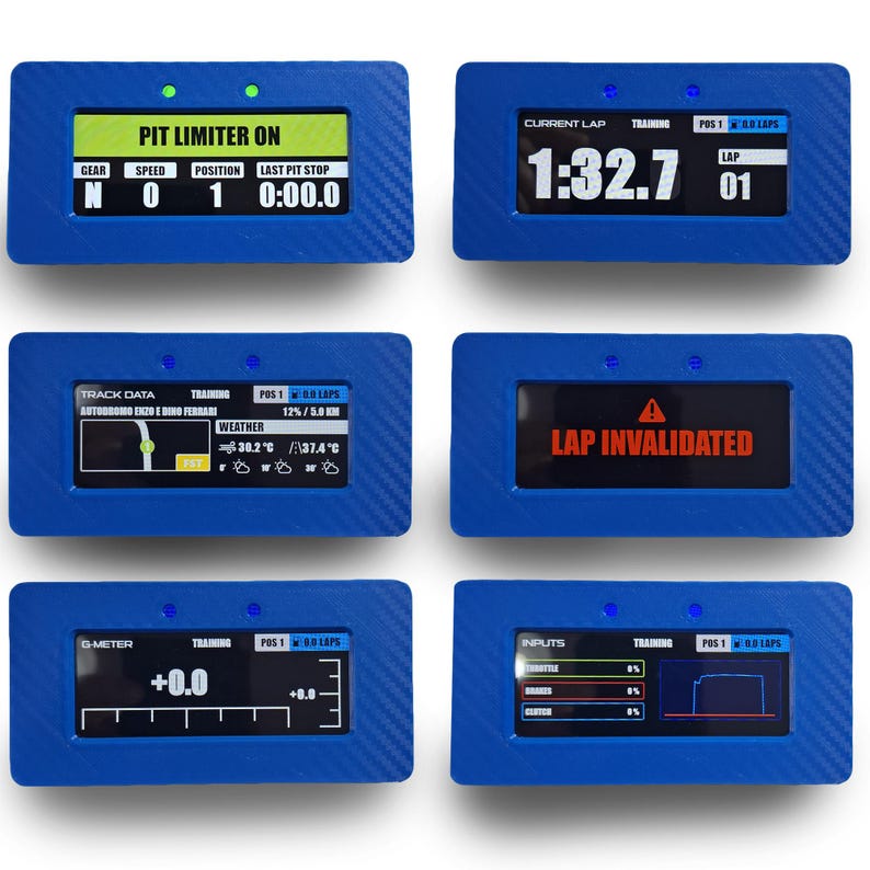 May include: A set of six blue racing data displays. Each display shows different information, including lap times, gear, speed, and weather conditions. Some displays show "PIT LIMITER ON" and "LAP INVALIDATED".