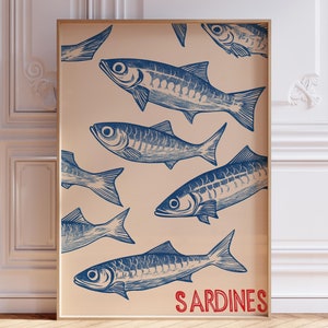Blue Sardine Print | Blue Sardine Kitchen Print | Cute Sardine Art Print | Retro Sardines Wall Art | Fish Print | Coastal Kitchen Print