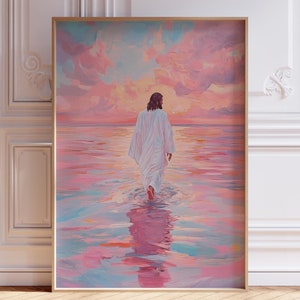 Décoration murale Jésus rose pour fille | Art de Jésus pour chambre de petite fille | Peinture impression Jésus marchant sur l'eau | Décoration murale Jésus marchant sur l'eau