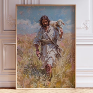 Jesus Wall Art, God Poster, Good Shepherd Print, Lost Sheep Biblical Wall Art, Christ Art Print, Jesus and Lamb Print, Jesus Leaves the 99