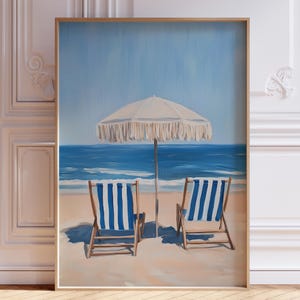DIGITAL DOWNLOAD | Beachy Wall Art | Blue Beach Chair Art Print | Pastel Beach Painting | Scenic Beach Wall Art | Beach Landscape Print
