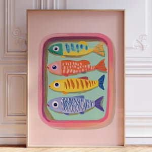 Pink Sardine Print | Retro Sardines Wall Art | Sardine Art Print | Girly Sardine Kitchen Print | Colorful Fish Print | Coastal Kitchen Print