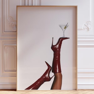 DIGITAL DOWNLOAD | Red Boots Martini Print | Retro Heels Bottoms Up Boot Print | Trendy Red Boots Print Martini Wall Art for College Dorm