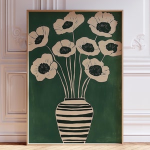 Impresión floral verde abstracta / Arte mural floral verde oscuro / Impresión floral estilo Matisse / Póster de flores estilo Matisse con flores verdes en jarrón
