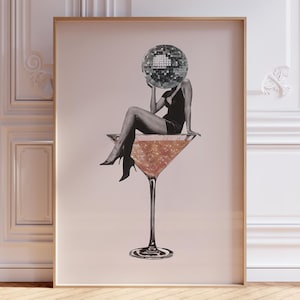 Impresión artística alterada / Decoración de bola de discoteca / Póster de cóctel con decoración de dopamina / Impresión de carrito de bar / Arte mural de martini / Impresión de cóctel retro con decoración de discoteca