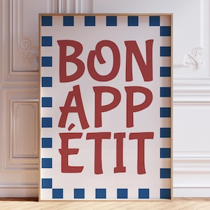 Bon Appetit Print | Blue and Red Bon Appetit Art Print | Trendy Kitchen Typography Art | Bon Appetit Wall Decor | Retro Kitchen Wall Art