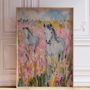chambre à imprimé cheval rose pour fille | Poster cheval pastel aquarelle | Art mural imprimé cheval fille | Cowgirl côtière mignon cheval rose Impression artistique