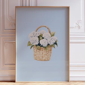 Hortensiamand print | Kustkunst | Grootmoederprint kust | Blauwe hortensia schilderij | Pastelkleurige cottagecore-kunst | Zomers kustkunstwerk