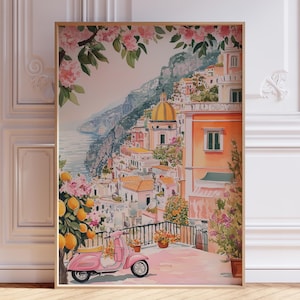 Impression d'art rose de la côte amalfitaine | Impression d'art mural plage rose | Poster Girly de la côte amalfitaine | Poster de voyage aquarelle sur la plage de Positano en Italie