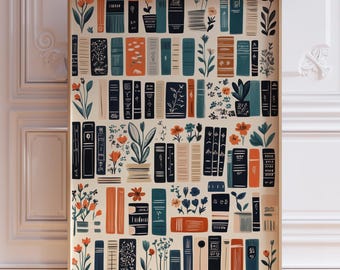 Book Art Print | Vintage Library Poster | Retro Book Lovers Art Reading Art Print | Bookshelf Art Gift for Reader Woman | Library Art Print