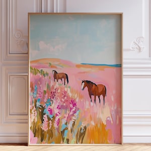 Impresión de vaquera costera rosa / Impresión de larga vida a las vaqueras Arte de pared de vaquera costera / Arte de pared de caballo vintage bohemio / Póster de paisaje rural