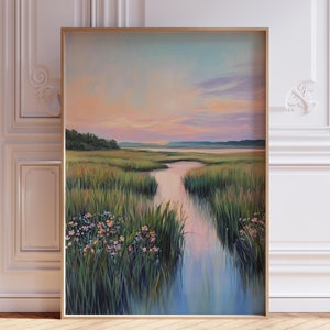 TÉLÉCHARGEMENT NUMÉRIQUE | Impression de paysage pastel | Impression de plage aquarelle | Impression marais d&#39;été Impression marais | Impression coucher de soleil aquarelle Cottagecore