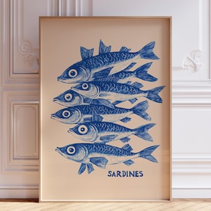 Blue Sardine Print | Blue Fish Print | Sardine Kitchen Print | Retro Sardines Wall Art | Seafood Coastal Kitchen Print | Sardine Art Print