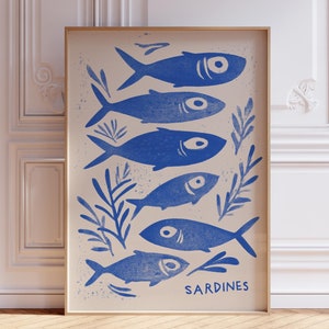 Blue Sardine Print | Blue Sardine Kitchen Print | Cute Sardine Art Print | Retro Sardines Wall Art | Fish Print | Coastal Kitchen Print