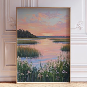 TÉLÉCHARGEMENT NUMÉRIQUE | Oeuvre d&#39;art côtière | Impression de paysage pastel | Impression de plage d&#39;aquarelle de marais | Impression estivale sur les zones humides | Impression aquarelle coucher de soleil