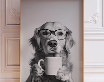 Hund mit Kaffee Poster | Golden Retriever Hund mit Kaffee Poster | Neutraler lustiger Bürodruck | Lustiger Hundedruck | Black & White Büro Poster