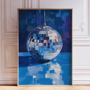 Blauwe discoprint | Groovy discoposter | Retro spiegelbolprint | Funky discokunstprint voor slaapzaal | Discomuurkunst jaren 80 | Discoballenprint jaren 70
