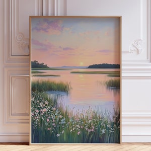 Impression de paysage pastel | Impression de plage d&#39;aquarelle de marais | Oeuvre d&#39;art côtière | Impression Beachy Summer Wetlands | Impression coucher de soleil aquarelle Cottagecore