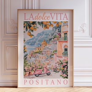 DIGITALER DOWNLOAD | La Dolce Vita Druck | Rosa Amalfiküste Reise-Plakat | Rosa Italienische Landschaft Poster | Aquarell Amalfiküste Wandkunst
