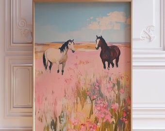 Impression cowgirl côtière rose | Vive les cow-girls, impression d&#39;art mural cow-girl côtier | Art mural bohème cheval vintage | Poster Paysage de campagne