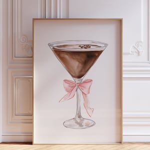 DIGITAL DOWNLOAD | Espresso Martini with Pink Bow Wall Art | Trendy Espresso Martini Print | Aesthetic Watercolor Espresso Martini Wall Art