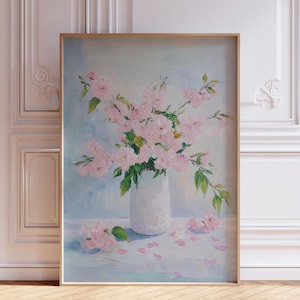 DIGITAL DOWNLOAD | Japanese Cherry Blossom Wall Art | Pink Japanese Flower Cherry Blossom Poster | Blue Japanese Floral Print | Sakura Art