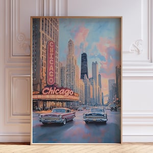 Vintage Chicago Poster | Chicago Landscape Print | Chicago Travel Poster | Sunset Chicago Skyline Wall Art | Retro Watercolor Chicago Poster