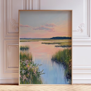 TÉLÉCHARGEMENT NUMÉRIQUE | Oeuvre d&#39;art côtière | Impression de paysage pastel | Impression de plage d&#39;aquarelle de marais | Impression estivale sur les zones humides | Impression aquarelle coucher de soleil