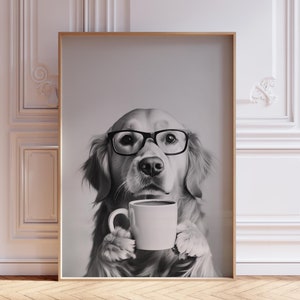 Dog with Coffee Print | Golden Retriever Print | Dog with Coffee Poster | Dog Photography Print | Funny Dog Print | Black & White Dog Print