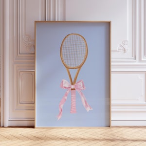 Tennis Racket with Bow Print | Coquette Sports Poster | Tennis Pink Ribbon Print | Watercolor Tennis Print | Preppy Pink Tennis Print