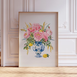 DIGITALER DOWNLOAD | Blumen und Zitronen Poster | Aquarell Pfingstrose Print | Blumen Chinoiserie Wandkunst | Hübsches rosa Ingwerglas mit Blumenmuster