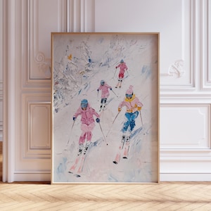 DESCARGA DIGITAL / Impresión digital de esquí rosa / Impresión de esquí rosa / Impresión de esquí azul / Póster de esquí rosa femenino / Impresión de mini esquiador / Póster de esquí retro