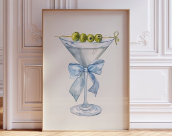 Dirty Martini Print | Blue Martini Print | Blue Drink Print | Watercolor Martini Print | Girly Blue Kitchen Poster | Trendy Bar Cart Print