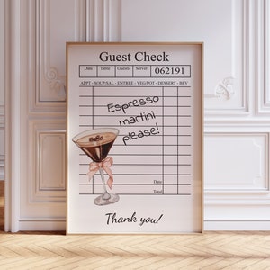 Guest Check Espresso Martini Print | Trendy Guest Check Art Print | Coquette Espresso Martini Print | Cute Pink Retro Guest Check Poster