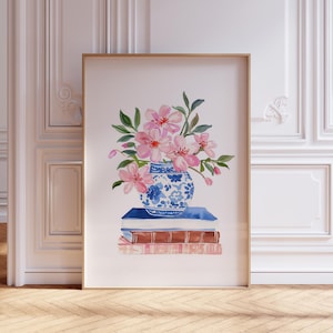Blauer Chinoiserie-Druck | Aquarell Chinoiserie Druck | Stapel Bücher Druck | Rosa Blumen Chinoiserie Wandkunst | Aquarell Blumen Druck
