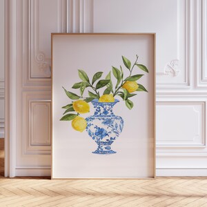 Chinoiserie Kunstdruck | Zitronen-Druck | Chinoiserie Wandkunst | Blue Grand Millenial Druck | Mediterrane Zitrone Wandkunst | Obst Kunstdruck