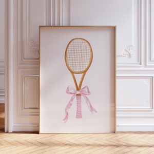 Tennis Racket with Bow Print | Coquette Sports Poster | Tennis Pink Ribbon Print | Watercolor Tennis Print | Preppy Pink Tennis Print