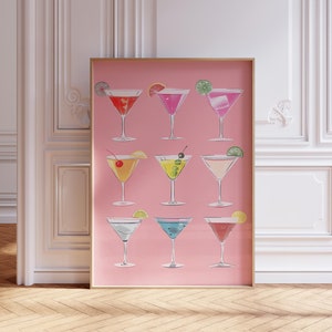 Impresión de carrito de bar rosa / Póster de cócteles / Arte retro de carrito de bar / Póster de martini / Decoración de carrito de bar rosa / Impresión divertida de happy hour / Arte mural de cócteles