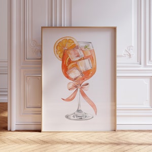 Impresión de Aperol Spritz / Póster de Aperol Spritz / Impresión de arte coqueto / Póster de cóctel con lazo / Impresión de carrito de bar femenino / Impresión de cóctel con acuarela