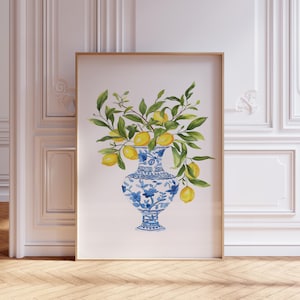 Chinoiserie Kunstdruck | Zitronen-Druck | Chinoiserie Wandkunst | Blue Grand Millenial Druck | Mediterrane Zitrone Wandkunst | Obst Kunstdruck