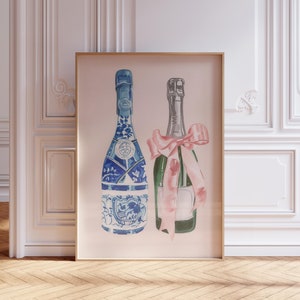 Pôster de vinho | Impressão de carrinho de bar | Arte de parede de vinho azul | Arte de parede coquete | Impressão de parede de vinho floral | Pôster de álcool | Decoração de carrinho de bar rosa feminino