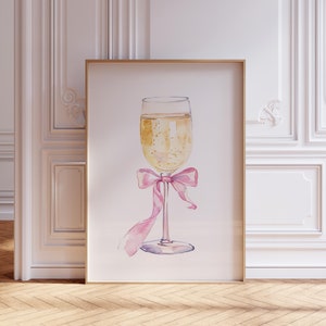 Impresión de acuarela con champán / Impresión de coqueta rosa / Arte mural con champán femenino / Póster de cóctel lindo / Impresión artística de carrito de bar preppy para dormitorio universitario