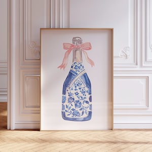 Póster de vino / Impresión de carrito de bar / Arte mural de vino azul / Arte mural coqueto / Impresión de vino floral para pared / Póster de alcohol / Decoración de carrito de bar rosa femenino